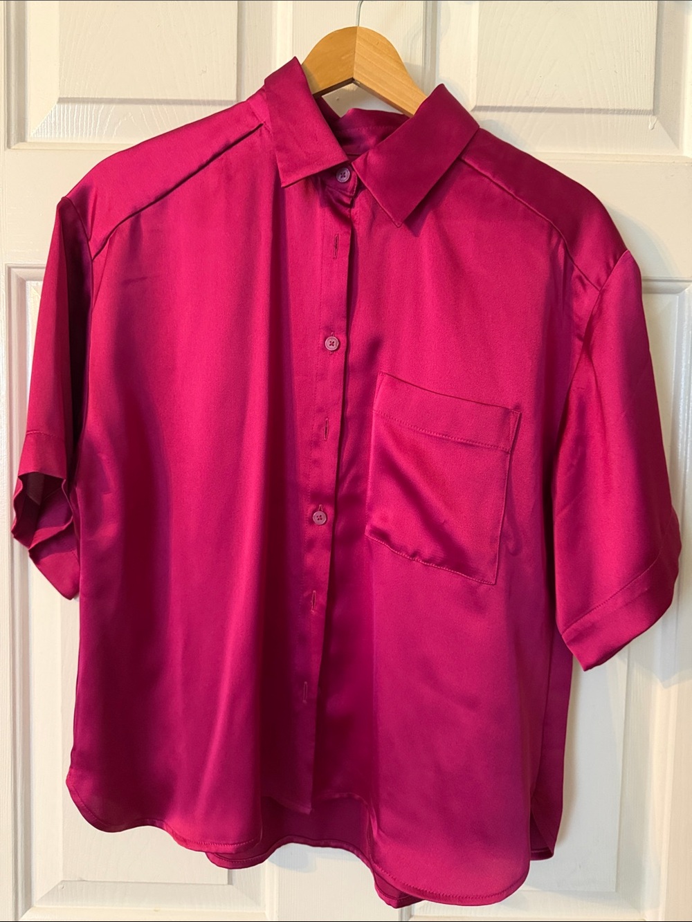 LOFT Short-Sleeve Button-Down Shirt in Fuchsia Pink